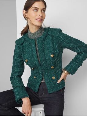 White House Black Market Emerald Green Tweed Double-Breasted Jacket